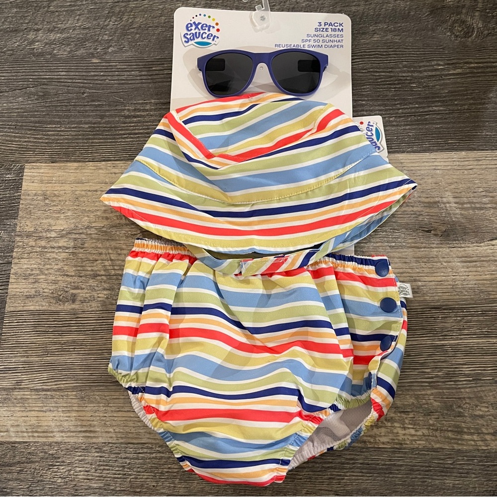 NWT ExerSaucer Baby Swim Set Hat Sunglasses Reusable Swim Diaper Size 18M SPF 50